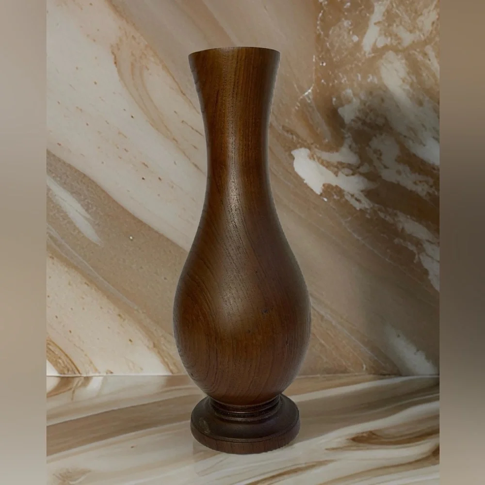 Vintage MCM Hand Turned 13” Tall Solid Wood Flower Vase